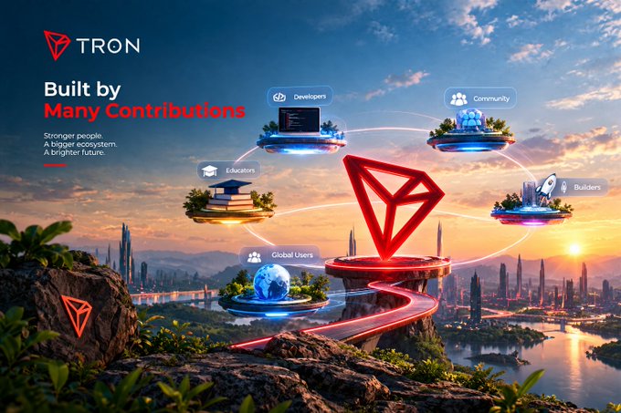 A promotional graphic for TRON with the tagline 'Built by Many Contributions' displays a futuristic cityscape with floating platforms labeled Developers, Community, Educators, Builders, and Global Users surrounding a central red TRON logo.