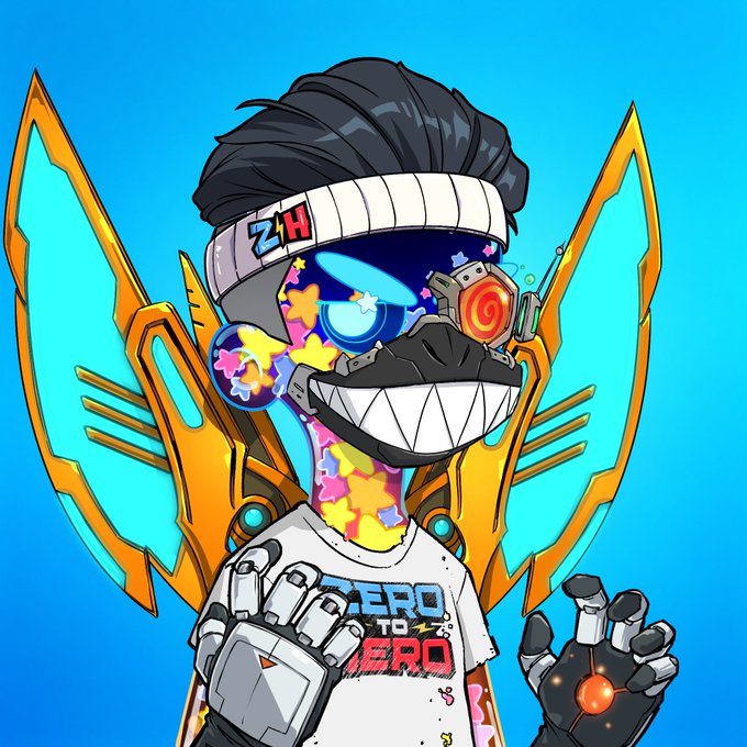 A vibrant cartoon character with a large toothy grin, star-patterned face, visor, and glowing wings, wearing a 'ZERO TO ZERO' shirt and a robotic glove.