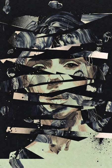 An abstract, fragmented illustration of a woman's face sliced into horizontal strips, rendered in muted blues and creams against a black background.