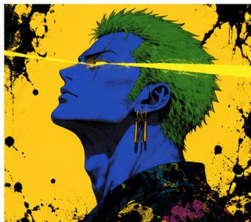 A stylized anime illustration of a male character with spiky green hair and blue skin, depicted in profile with glowing yellow eyes against a grungy yellow and black background, resembling Roronoa Zoro from One Piece.
