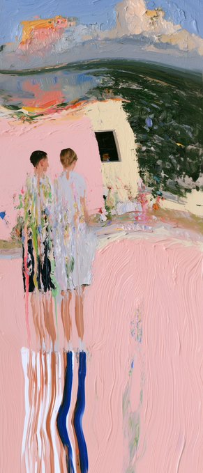 An impressionist-style oil painting shows two figures standing near a small white structure, with abstract reflections below and a textured sky above.