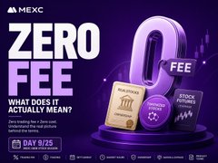 A promotional graphic from MEXC advertising a 'ZERO FEE' event with a large purple number '0', showing text 'WHAT DOES IT ACTUALLY MEAN?', 'ZERO TRADING FEES', and 'DAY 9/25' alongside gold and purple 'STOCK TRADING' and 'OPTION TRADING' cards.