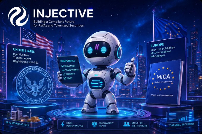 Injective promotional graphic titled 'Building a Compliant Future for RWAs and Tokenized Securities,' featuring a robot mascot and SEC/MiCA compliance badges for US and Europe.
