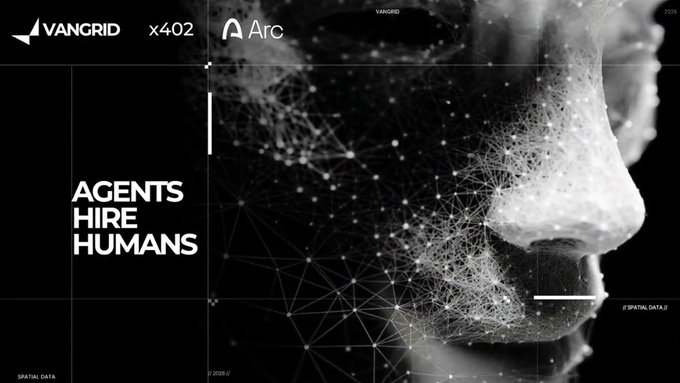 A black-and-white promotional graphic for 'VANGRID x 402 Arc' featuring a human face merging with a network of connected dots and the text 'AGENTS HIRE HUMANS'.