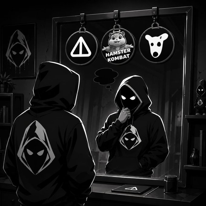 A hooded figure stands before a mirror with glowing eyes, while three hanging signs above display logos including "HAMSTER KOMBAT" and a hooded icon, symbolizing the "Hood" project's self-aware observation and comparison to "TON Legends" as mentioned in the post.