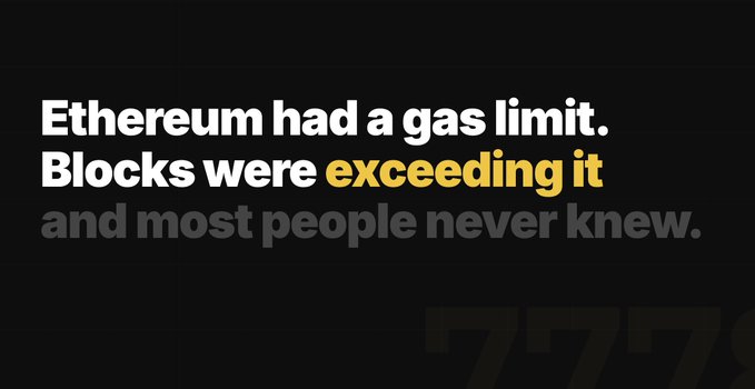 A dark graphic with text reading 'Ethereum had a gas limit. Blocks were exceeding it and most people never knew.' with subtle '7778' in the background.