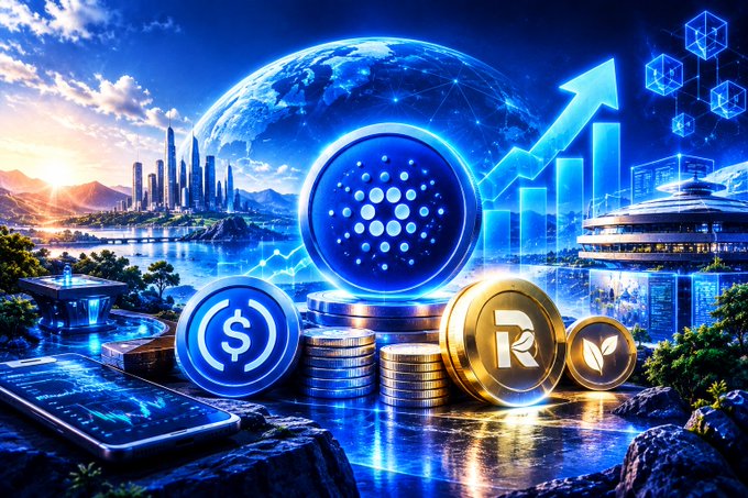 A vibrant digital artwork depicting cryptocurrency coins (ADA, R, and others) with stacked coins, a smartphone, futuristic city, and upward trending graph against a globe backdrop.
