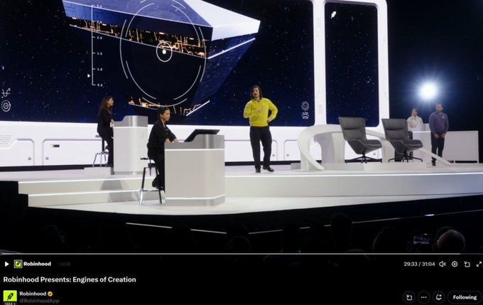 A live stream screenshot from Robinhood's 'Engines of Creation' presentation shows a stage with multiple speakers, a presenter in a yellow shirt at a console, and a large screen displaying a spacecraft or satellite graphic, with 31,604 viewers watching.
