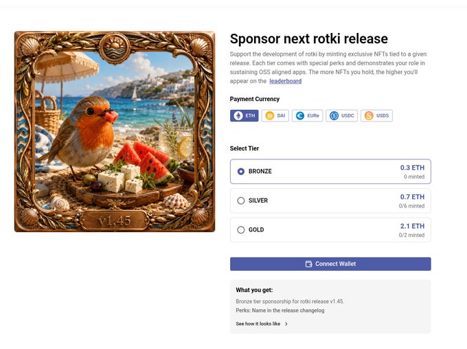 A webpage titled "Sponsor next rotki release" offering NFT tiers (Bronze for 0.3 ETH, Silver for 0.7 ETH, Gold for 2.1 ETH) featuring artwork of a robin with a beach picnic scene.