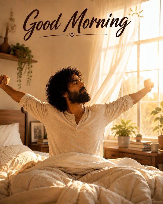 A man with curly hair and a beard stretches his arms upward while sitting in bed, with the text 'Good Morning' and a heart/sun design above him.