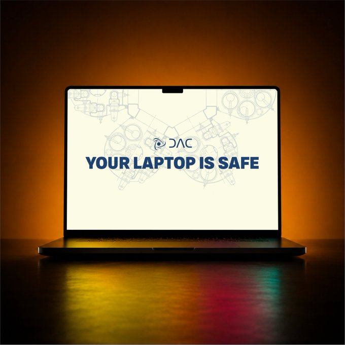 A laptop displays the text "YOUR LAPTOP IS SAFE" with the "DAC" logo against a technical blueprint background, symbolizing cybersecurity and digital protection. The image reinforces the post's message about DAC chain addressing blockchain vulnerabilities through advanced cryptography and predictable cost structures.