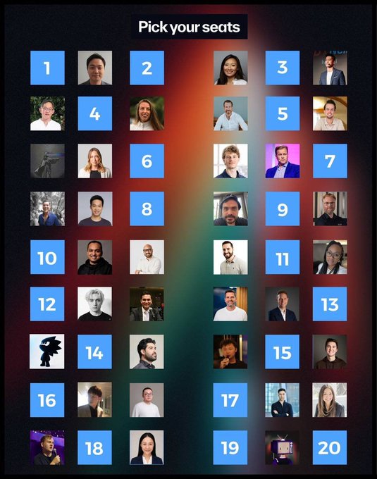 An audience seating chart interface titled 'Pick your seats' with 20 numbered blue tiles interspersed with profile photos of various people.