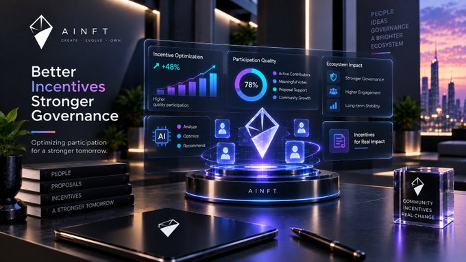 A futuristic digital marketing display for AINFT features the tagline 'Better Incentives Stronger Governance' and 'Optimizing participation for a stronger tomorrow,' with a holographic dashboard showing metrics like 'Incentive Optimization +48%', 'Participation Quality 78%', and 'Ecosystem Impact' (Stronger Governance, Higher Engagement, Long-term Stability).