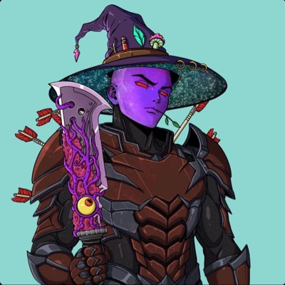 A fantasy character illustration features a purple-skinned figure wearing a witch's hat and dark armor, holding an ornate sword with a glowing yellow eye pommel, with arrows stuck in their shoulder.