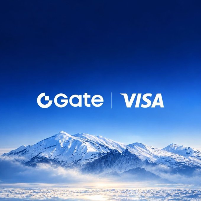 A promotional graphic features the "Gate | Visa" logos displayed prominently in white against a gradient blue sky, set above a striking aerial view of snow-capped mountain peaks rising above a sea of clouds—symbolizing the partnership's expansive global reach across 40+ countries. The clean, aspirational imagery reinforces the post's message of bringing crypto payments into everyday, real-world use.