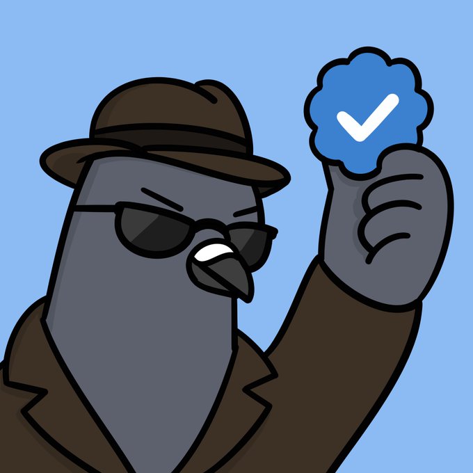 A cartoon pigeon wearing a brown fedora, sunglasses, and trench coat gives a thumbs up, with a blue Twitter verification checkmark badge floating above the thumb—symbolizing the project's new verified status on OpenSea.