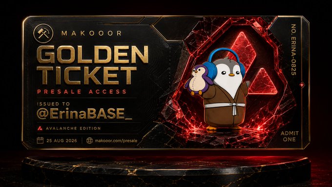 A digital 'GOLDEN TICKET' with 'PRESALE ACCESS' for 'MAKOOOR', issued to '@ErinaBASE_', dated '25 AUG 2026', featuring a penguin character in a karate gi with blue headphones.
