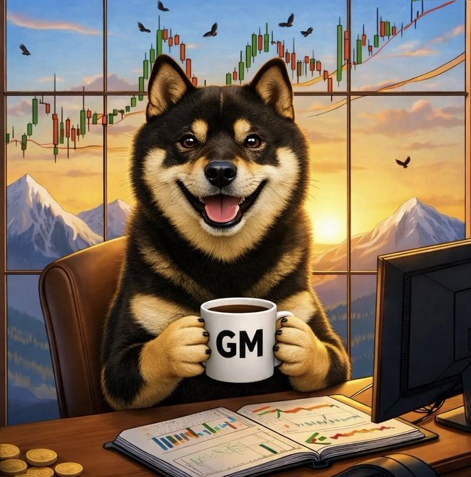 A smiling black and tan Shiba Inu dog sits at a desk holding a 'GM' coffee mug, with stock chart candles overlaid across a mountain sunset scene in the background.