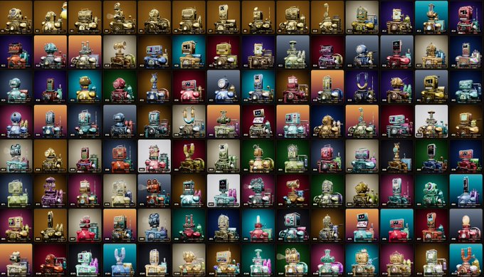 A colorful grid display featuring numerous toy robot figurines, each photographed against different vibrant backgrounds.