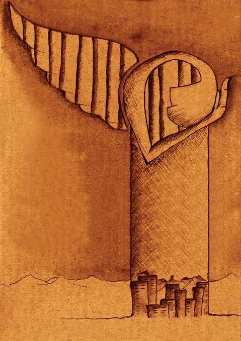 A sepia-toned ink illustration depicting a stylized winged figure with a geometric, mask-like head standing above a small cityscape against a brown textured background.