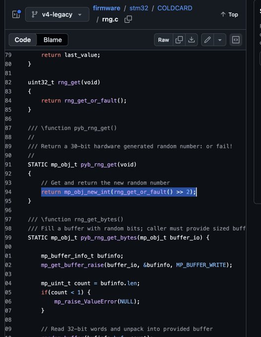 A screenshot of GitHub firmware code from 'stm32 / COLDCARD / rng.c' (v4-legacy branch), highlighting the line 'return mp_obj_new_int(rng_get_or_fault() >> 2);' in the pyb_rng_get function.