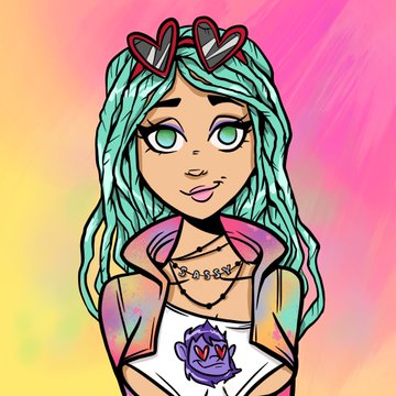An illustration of a cartoon girl with long teal hair, heart-shaped sunglasses, layered necklaces, and a pastel jacket featuring a purple creature design.