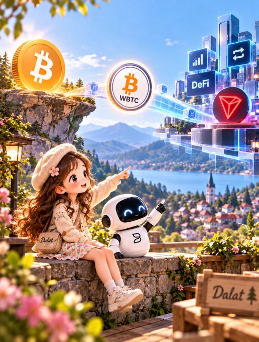 A girl and a small robot sit on a stone wall overlooking Dalat's scenic landscape, surrounded by floating Bitcoin coins, a WBTC token, and DeFi interface panels—visually connecting the real-world setting to its post about Wrapped Bitcoin (WBTC) enabling Bitcoin to interact with DeFi smart contracts.