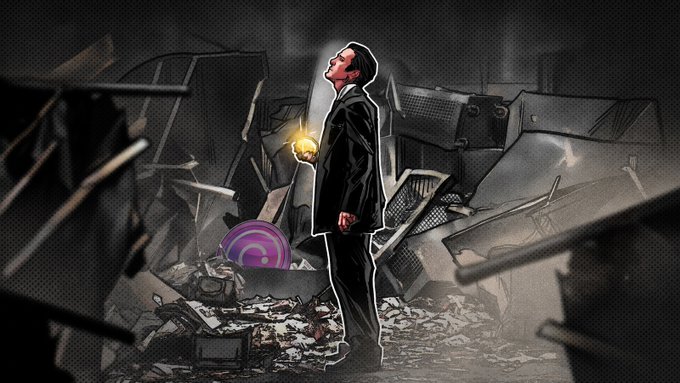 A stylized illustration of a man in a suit standing among debris and wreckage, holding a glowing orb and looking upward.