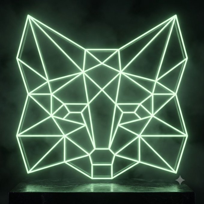 A glowing green geometric wireframe sculpture of a fox/cat face made of triangular polygons, displayed on a dark pedestal with atmospheric smoke.