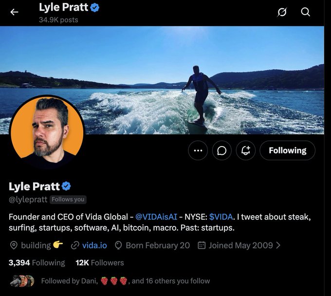The image shows the Twitter/X profile of Lyle Pratt (@lylepratt), Founder and CEO of Vida Global ($VIDA on NYSE), with 12K followers and a cover photo of him surfing. The caption aligns with his self-described tweeting topics (startups, surfing, bitcoin) and his role as $VIDA's CEO, highlighting his endorsement of $CTO alongside his own ticker $VIDA.