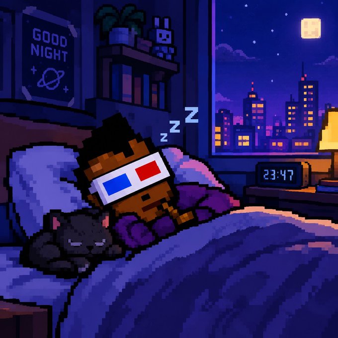 A pixel art illustration showing a character with 3D glasses sleeping in bed next to a cat, with 'GOOD NIGHT' on the wall and a digital clock reading '23:47' under a starry night sky.