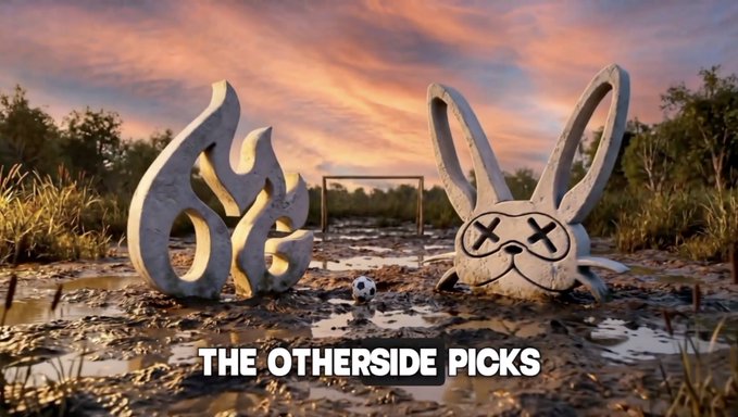 Two weathered white sculptures—a flame and a bunny with X-marked eyes—stand in a muddy field beneath a sunset sky, with the text "THE OTHERSIDE PICKS" displayed at the bottom. The image ties to the post by visually branding the "Otherside Cup" tournament, using the flame and bunny mascots as key symbols for the sports betting competition.