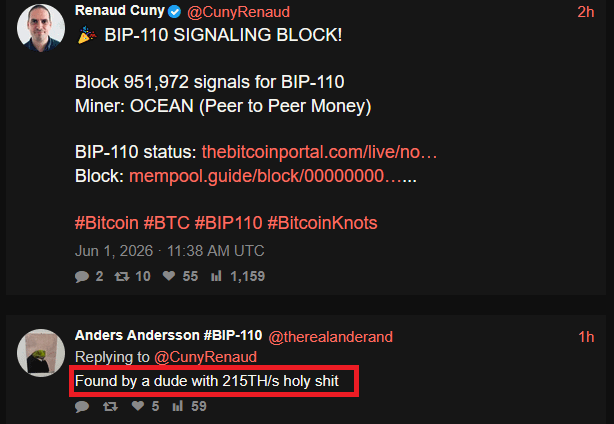 The image shows two posts on Twitter, both containing text about Bitcoin. One of the posts is about a BIP-110 block, while the other post suggests that the user should focus on a particular block. The posts are written by different people with their names and usernames visible in the comments section.
