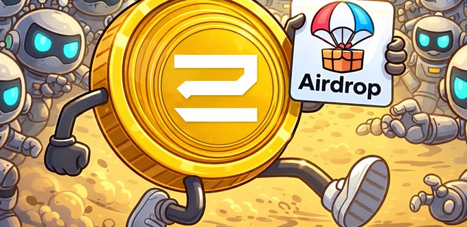 A digital illustration of an animated XLM (Stellar) gold coin character holding an 'Airdrop' parachute box, with robots in the background.