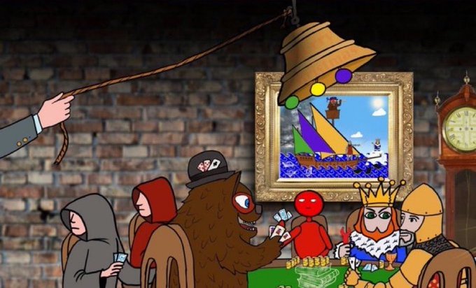 The image is a cartoon depicting a poker game with characters including a hooded figure, a red-hooded figure, a werewolf in a baseball cap marked "WD," a red character, a crowned king, and a knight, gathered around a table while a hand rings a bell above them. The framed "painting" on the wall shows the NYSE bell-ringing scene with colored circles, symbolizing the stock market bell that the post references being rung by Melania.