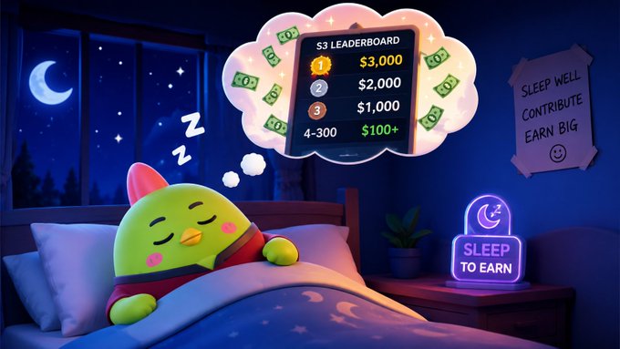 An illustrated cartoon bird sleeping in bed with a thought bubble showing an 'S3 LEADERBOARD' of $3,000, $2,000, and $1,000 prizes, alongside a 'SLEEP TO EARN' neon sign and a note saying 'SLEEP WELL CONTRIBUTE EARN BIG'.
