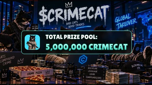 A promotional banner for $CRIMECAT featuring 'BAD CATS GOOD TRADES GLOBAL TAKEOVER' with a total prize pool of 5,000,000 CRIMECAT, showing cats in tactical gear alongside pizza and stacks of money.