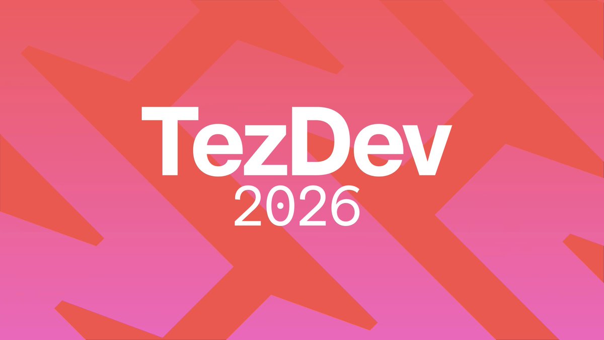 The image features a pink background with white text that reads "TezDev 2026". The text is positioned at the top of the image, while the rest of the image is filled with red lines and arrows pointing downwards towards the bottom right corner. This design choice creates an interesting visual effect, drawing attention to the text and making it stand out against the pink background.