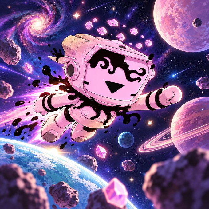 A pink robot astronaut with a square screen face floats through a vibrant cosmic scene filled with planets, asteroids, and pink gems.