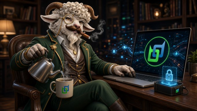 A digital illustration of an anthropomorphic goat in Victorian attire sitting at a desk with a laptop displaying a green logo, pouring tea from a silver pot into a branded mug.
