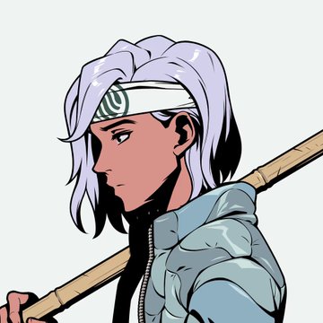 A 2D anime-style character profile illustration of a person with shoulder-length white hair, a white headband with a green emblem, and a light blue puffer jacket, holding a wooden staff.