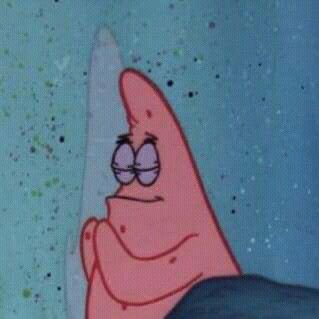 A close-up of Patrick Star from SpongeBob SquarePants displaying an unimpressed or skeptical facial expression.