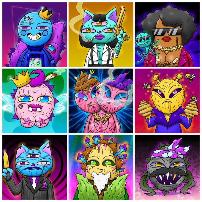 A 3x3 grid of nine colorful NFT character artworks featuring various stylized creatures including cats, panthers, and monsters with crowns, chains, and weapons.
