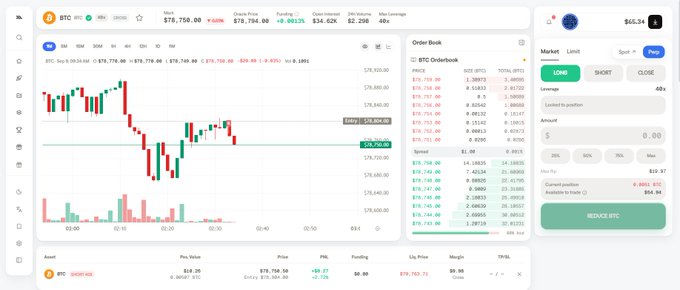 A cryptocurrency trading interface showing BTC at $78,758.00, with a candlestick chart, order book, and trading panel for long/short positions.