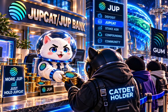 A futuristic AI-generated illustration of "JUPCAT/JUP BANK" featuring an astronaut cat character serving gold coins to customers wearing "CATDET HOLDER" and "GUM" branded gear, with a menu showing Deposit, Jupcat, Stake ASR, Compounding, and Community options.