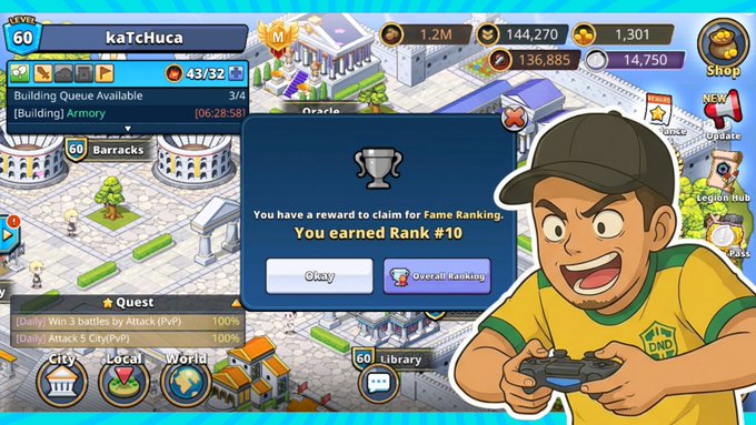 A mobile city-building game screenshot showing a player named 'kaTcHuca' at level 60 with a popup notification: 'You earned Rank #10' for Fame Ranking, alongside a cartoon character holding a game controller.