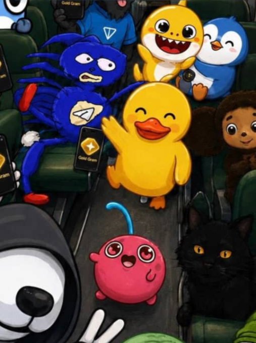 An illustration showing various internet culture characters sitting in theater seats, including a yellow shark, a blue octopus with a play button logo, a yellow duck, a pink creature, a black cat, and a raccoon, some holding phones displaying "GMM Gram."