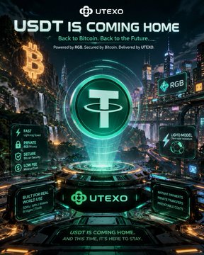 Promotional poster for 'UTEXO' featuring a large green T symbol in a futuristic city setting, with the text 'USDT IS COMING HOME: Back to Bitcoin. Back to the Future.' and 'Powered by RGB. Secured by Bitcoin. Delivered by UTEXO.'