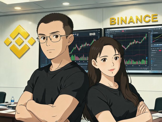 The image shows a man wearing glasses, standing with his arms crossed, as he poses next to a woman who has her hands folded behind her head. They are facing each other, creating an interesting composition within the frame. In the background of the image, there is a banner for Binance cryptocurrency, which suggests that this photo could be part of a promotional or marketing campaign related to Bitcoin and digital currency. The presence of such a logo adds a professional and relevant element to the overall scene.
