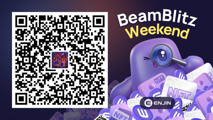 A promotional image for "BeamBlitz Weekend" featuring a scannable QR code alongside a purple mascot holding a magnifying glass surrounded by "NFT" tokens and the Enjin logo, designed to direct users to claim the "Purple Vanguards" NFT via the Enjin Wallet app.